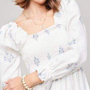 Spartina 449 RIVERLY Linen Smocked Tiered Sundress with Bishop Sleeves L Maxi